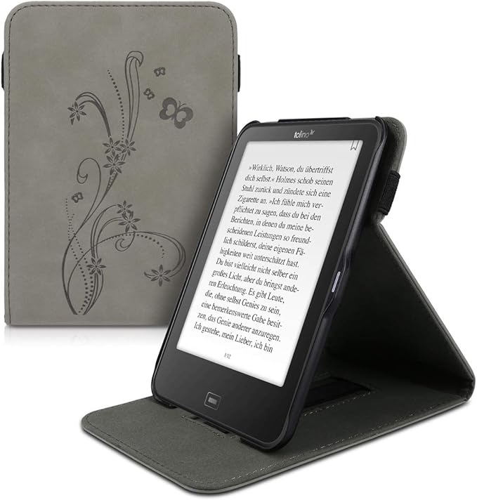 KW-Commerce Hülle für Tolino Vision 1/2/3/4 HD - Schutzhülle mit Schlaufe & Ständer - Ranken Schmetterling Grau – 49746