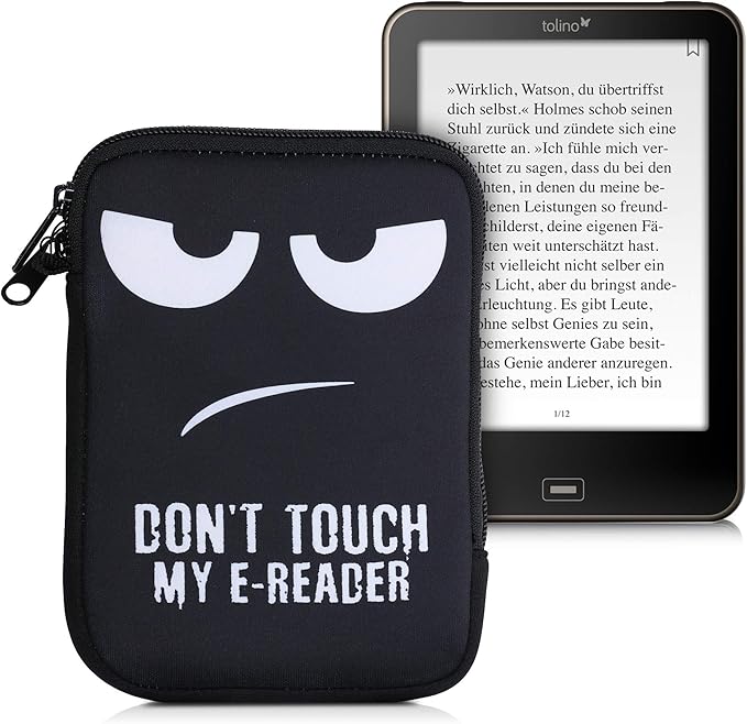 kwmobile Schutzhülle für eReader - Neopren Tasche 17x12x2 cm mit Reißverschluss und "Don't Touch My E-Reader" Design - Schwarz/Weiß