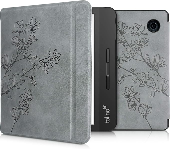 KW-Commerce Hülle für Tolino Vision 5 - Kunstleder Cover mit Magnolien Grau Motiv und Magnetverschluss – 50904