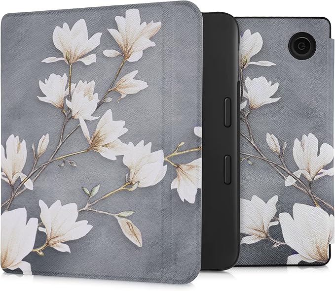 KW-Commerce Klapphülle für Tolino Vision 6 - Schutzhülle mit Magnetverschluss und Lederoptik in Magnolien Taupe Weiß Blaugrau – 56594