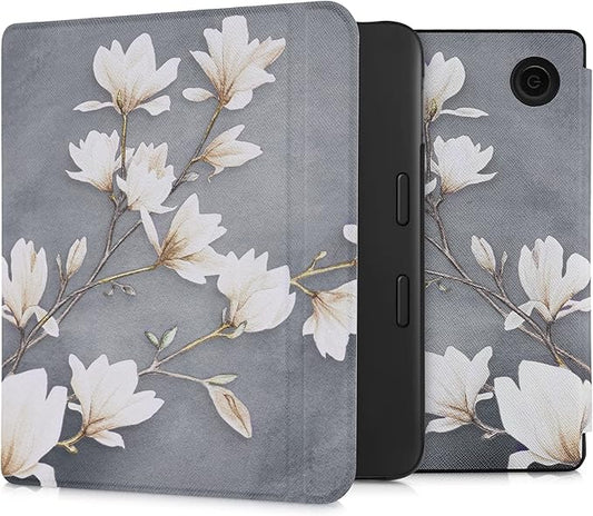 KW-Commerce Klapphülle für Tolino Vision 6 - Schutzhülle mit Magnetverschluss und Lederoptik in Magnolien Taupe Weiß Blaugrau – 56594