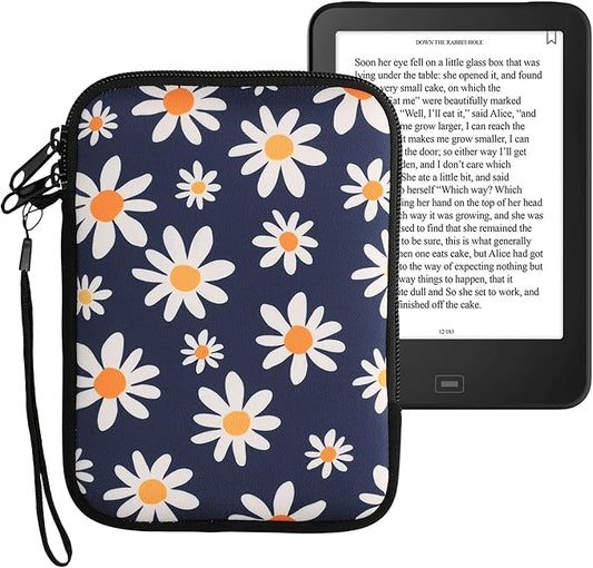 kwmobile eReader Tasche Neopren Hülle Gänseblümchen Design Blau Weiß Gelb 17x12x2 cm wasserabweisend Reißverschluss – KWM000010OR017C