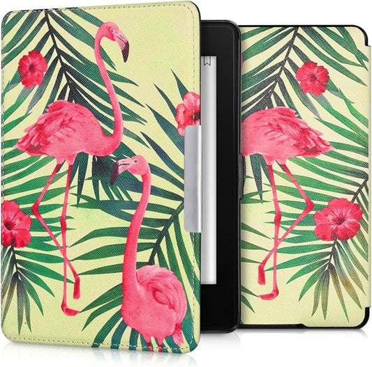 kwmobile Klapphülle für Amazon Kindle Paperwhite bis 2017 - Flamingo Palmen Design in Rosa Grün – 25824