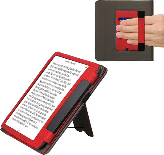 KW-Commerce Hülle für Tolino Epos 3 - Flip Case mit Handschlaufe, Standfunktion & Auto Sleep/Wake - Kunstleder Cover Rot Dunkelgrau