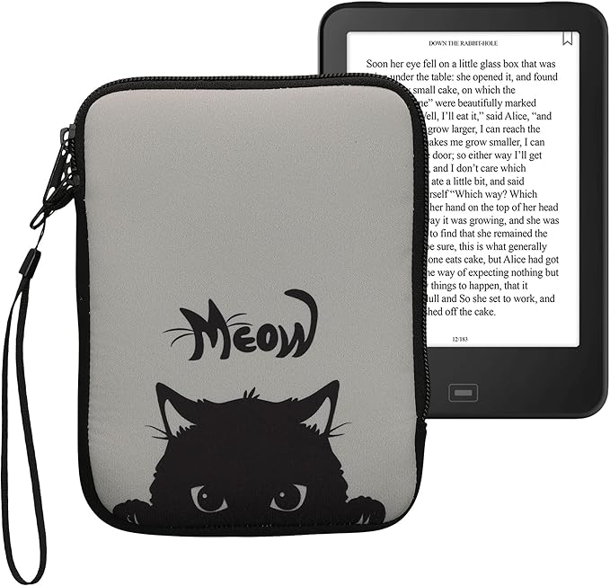 kwmobile eReader-Tasche Neopren Hülle Katze Meow Grau Schwarz - 17 x 12 x 2 cm Innenmaße – KWM000010OR021C