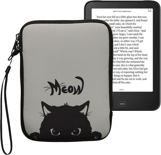 kwmobile eReader-Tasche Neopren Hülle Katze Meow Grau Schwarz - 17 x 12 x 2 cm Innenmaße – KWM000010OR021C