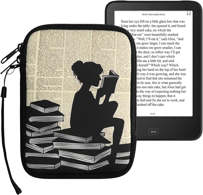 kwmobile Schutzhülle für eReader - Neopren Tasche Lesende Frau Design Schwarz/Beige - 17x12x2 cm Innenmaße - Modell 50335
