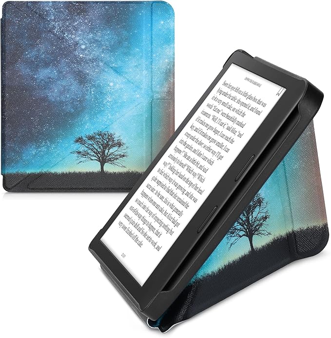 KW-Commerce Schutzhülle für Tolino Vision 6 - Kunstleder Cover mit Origami-Ständer - Galaxie Baum Wiese Design Blau Grau Schwarz - Modell 56